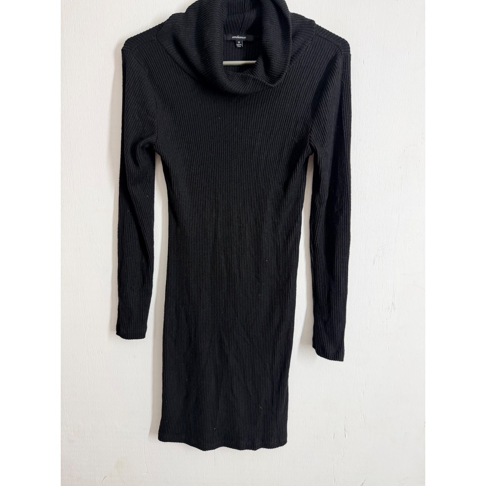 Ambiance Black Ribbed Cowl Neck Long Sleeve Mini Sweater Dress Medium